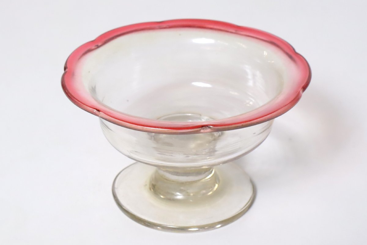 ウランガラス 赤縁 氷カップ 足付 硝子細工 / アイスカップ 氷コップ かき氷 デザート_画像1