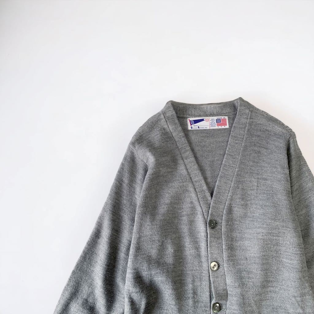 希少90sEuro古着 アクリルカーディガン グレー系 XL ニットセーター 80's USA製 VINTAGE SCHOOL APPAREL アクリル カーディガン