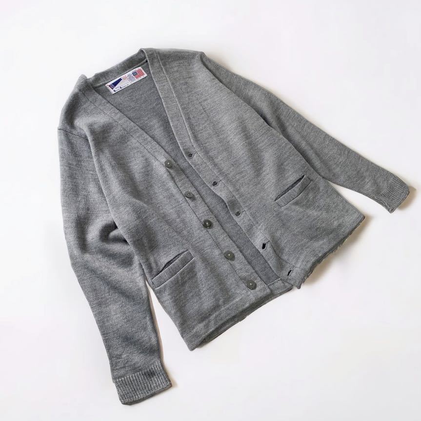 希少90sEuro古着 アクリルカーディガン グレー系 XL ニットセーター 80's USA製 VINTAGE SCHOOL APPAREL アクリル カーディガン