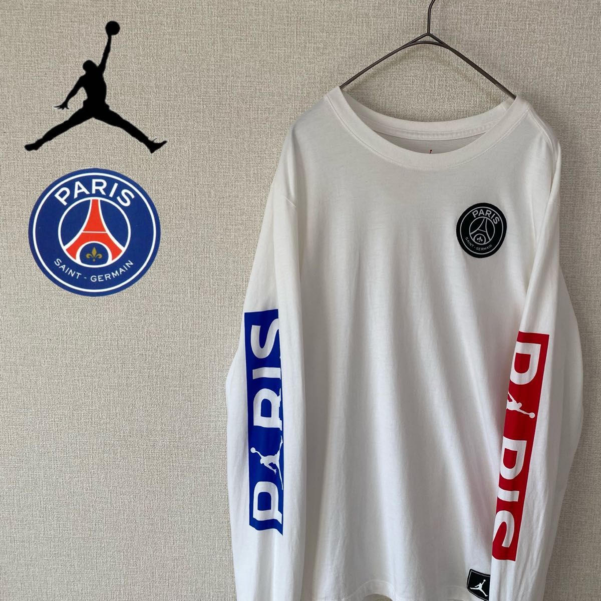 ジョーダン×パリ・サンジェルマン PSG ロンT 白 プリント ユニセックス L 古着