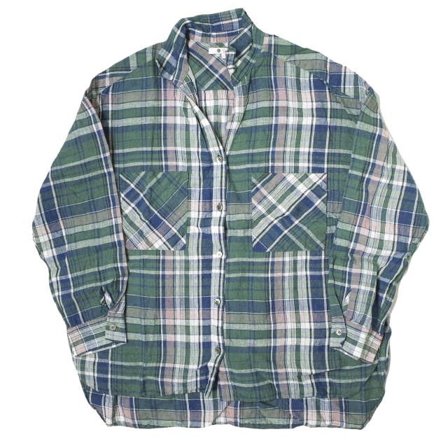 three dots スリードッツ 日本製 Linen Plaid L/S Over Shirt リネンプレイド オーバーシャツ LP2001Y S Green チェック スキッパー g13262_画像1