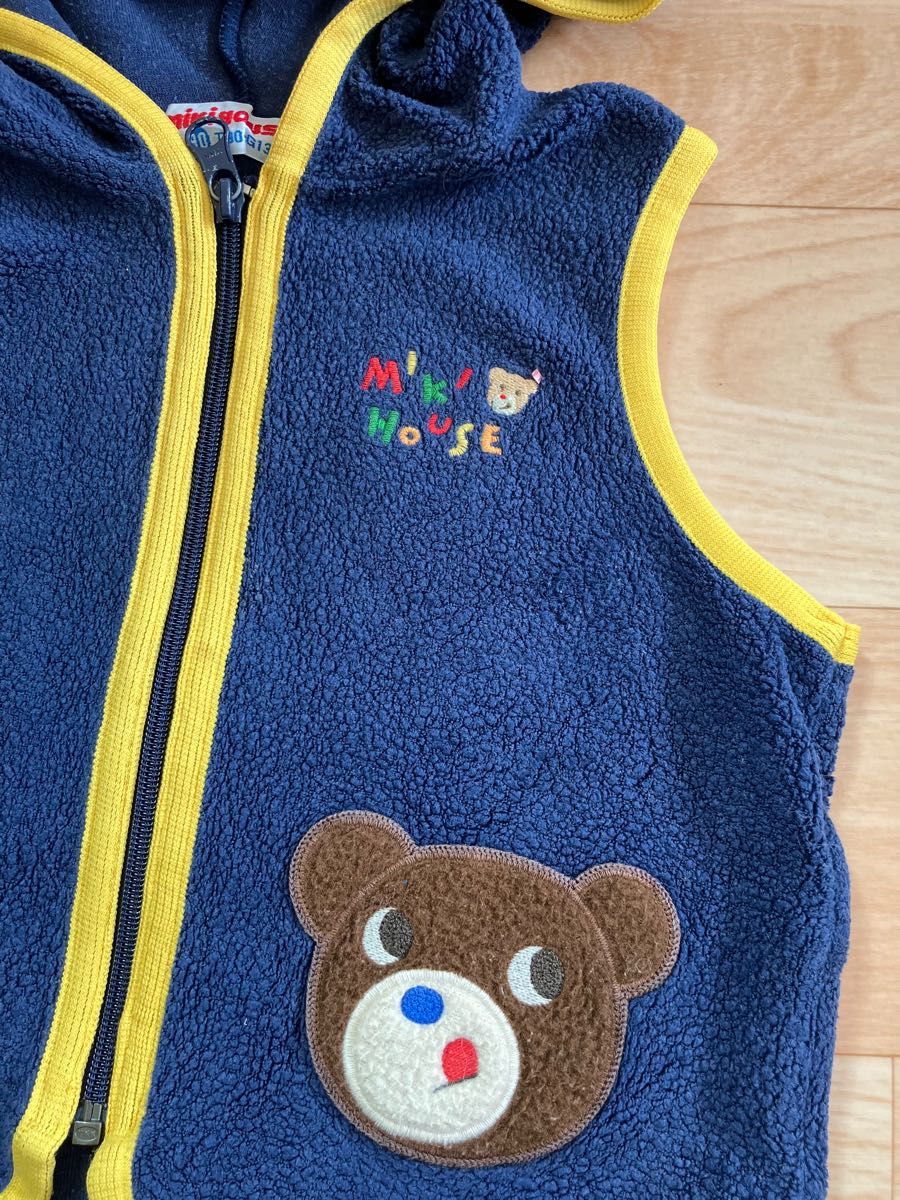 ミキハウス クマちゃん ワッペン ロゴ刺繍 フード付きベスト フリース
