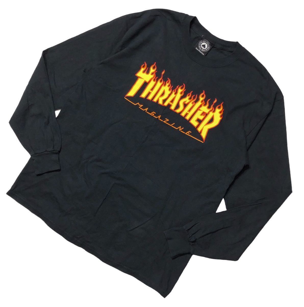 ● THRASHER スラッシャー ● ビッグ ファイヤー パターン ロゴ プリント 長袖 Tシャツ ロンT ブラック L_画像1