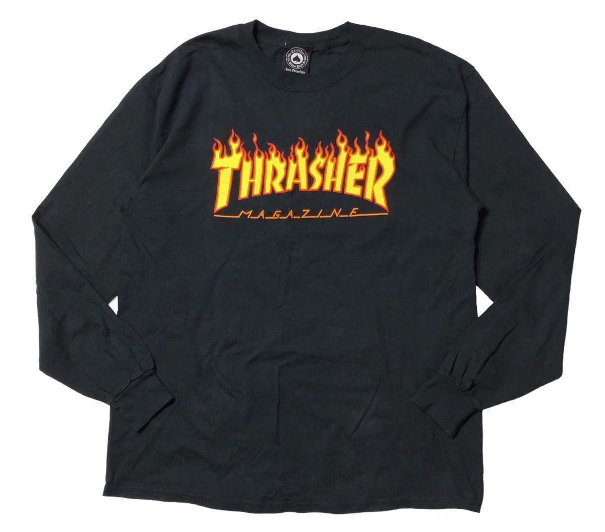 ● THRASHER スラッシャー ● ビッグ ファイヤー パターン ロゴ プリント 長袖 Tシャツ ロンT ブラック L_画像2