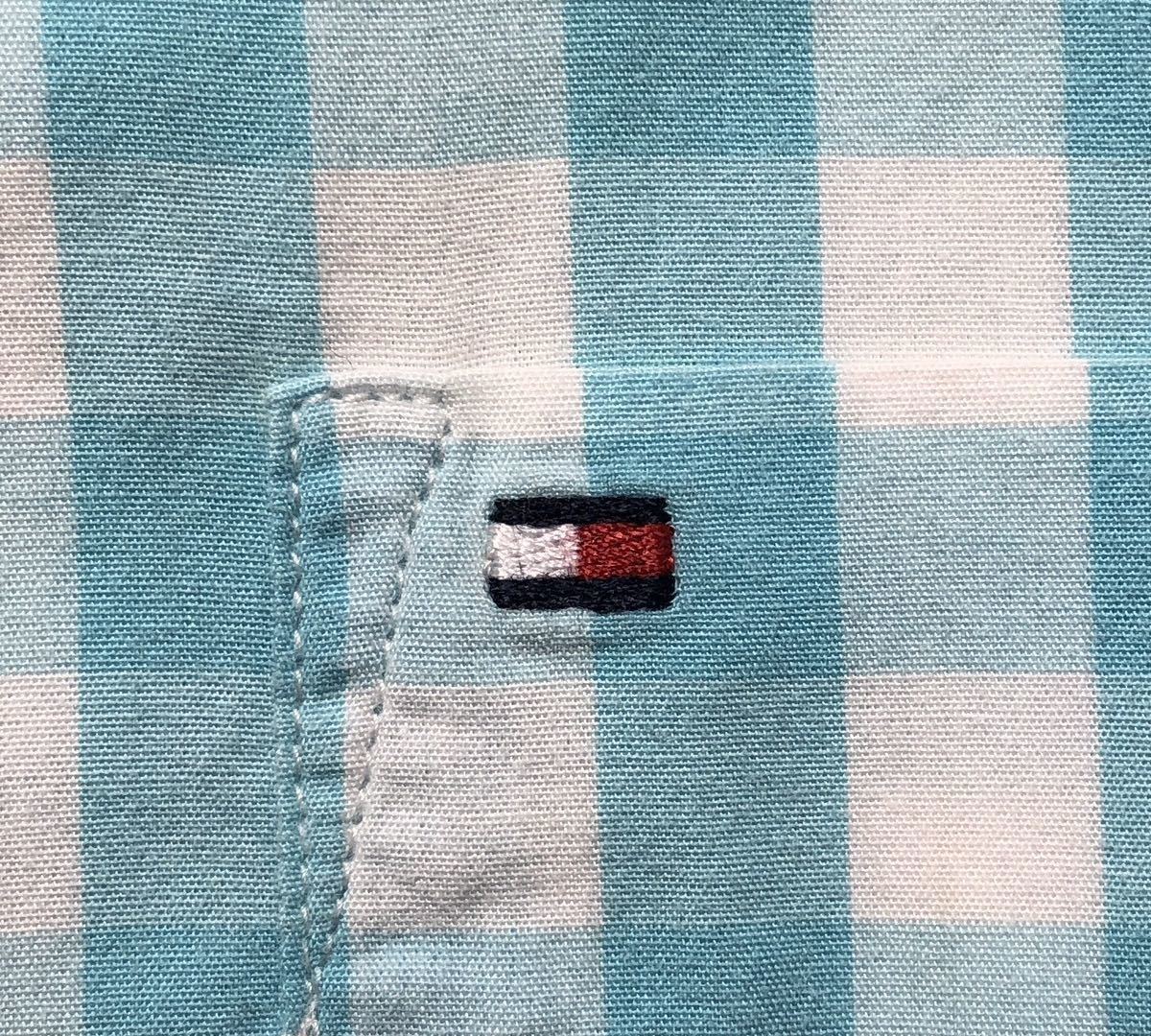 ● TOMMY HILFIGER トミー ヒルフィガー ● ロゴ フラッグ 刺繍 ギンガムチェック柄 長袖 ボタンダウン シャツ ホワイト×ライトブルー S_画像4