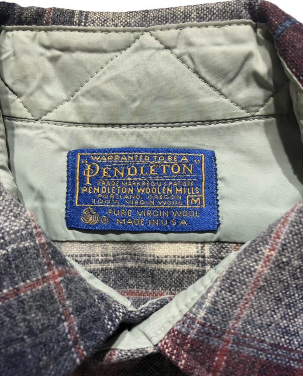 70s ヴィンテージ 希少 ■ PENDLETON ペンドルトン ■ シャドーチェック オンブレ ウール地 ボックスシャツ バーガンディ×グレー 系 M_画像4