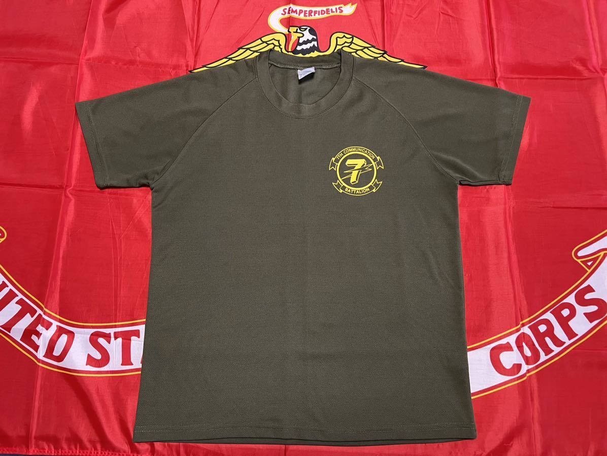 中古　USMC 7TH COMMUNICATION BATTALION DRI Tシャツ　QUICKDRY製　MEDIUM OD_画像1