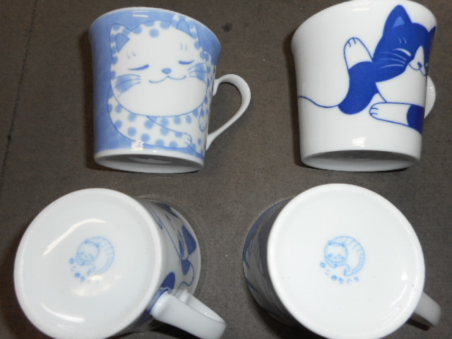 藍染ねこ マグ ４柄組 日本製美濃焼 新品未使用（トラとハチワレとブチとミケ）陶磁器製の画像3