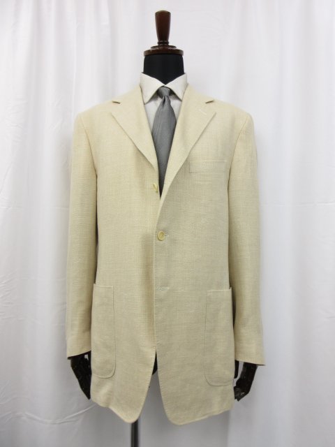 超美品【CANALI KEI JACKET カナーリ】リネン×シルク混 3ボタン 織柄ジャケット (メンズ)size50 ライトベージュ系 伊製 ●17MJ8135●_画像1