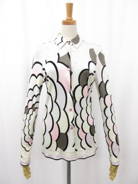 HH【エミリオプッチ EMILIO PUCCI】 プリント柄 レーヨン カットソーシャツ (レディース) size38 オフホワイト×ピンク系 ●5LK2217●_画像1