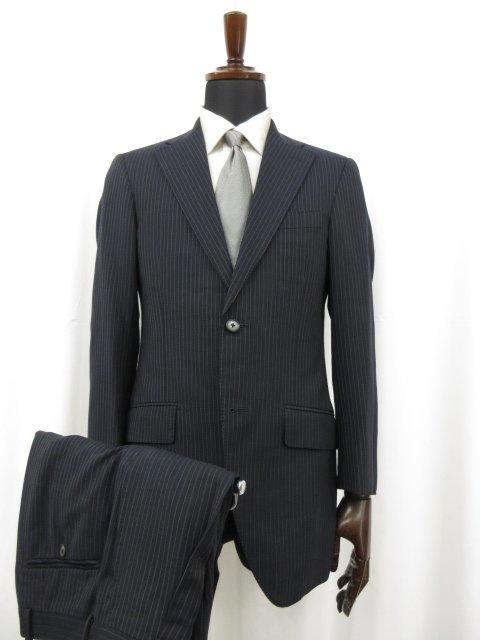 【麻布テーラー azabu tailor】 ウール素材 2ボタン 濃紺 スーツ (メンズ) size44A/76 ネイビー ストライプ柄●27RMS6908