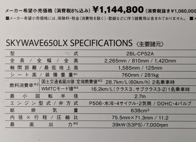 スカイウェイブ650LX　(2BL-CP52A)　車体カタログ　2017年7月　SKYWAVE 650LX　古本・即決・送料無料　管理№ 6370 J