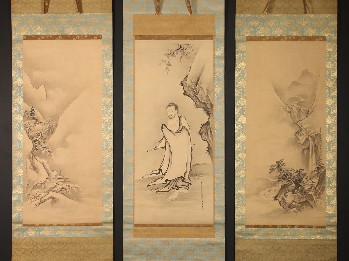 模写】【伝来】sh1160〈狩野探幽〉三幅対 仏画 出山釈迦・夏冬 模写】【伝来】sh1160〈狩野探幽〉三幅対 仏画 出山釈迦・夏冬
