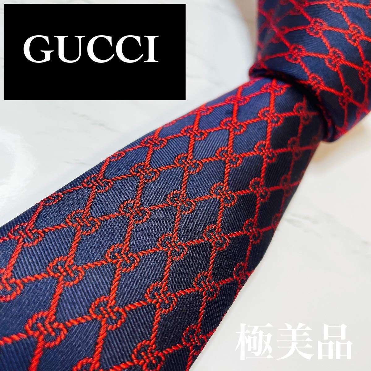 日本に 現行 ネクタイ 極美品GUCCI 蜂 人気 定番 刺繍 総柄 GG柄 bee
