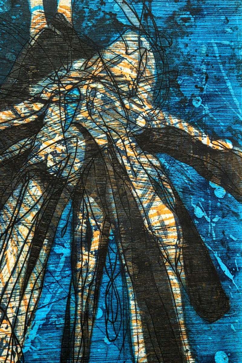 真作 牧野浩紀 2001年木版画「青い嘱望」画 27.5×28cm 長野県出身 桜美林大学特任講師 プリミティブな技法は新鮮で力強い魅力を放つ 8094_画像7
