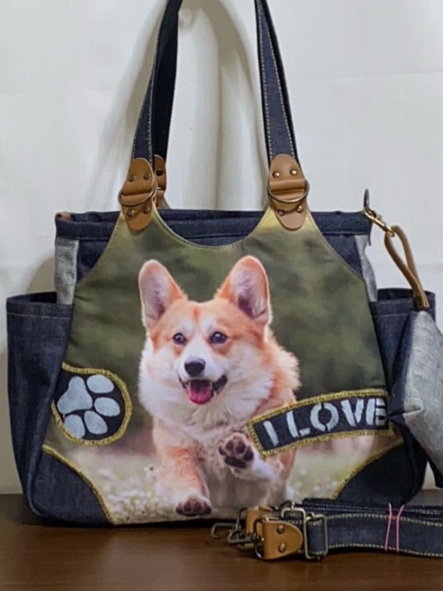 お値下げ☆ハンドメイド☆岡山デニム☆柴犬☆4wayあおりバッグ