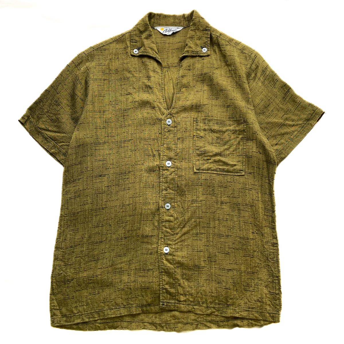 交換無料！ 50s California Vintage Rockabilly Shirts シャツ オープンカラー 開襟 長袖 半袖 アロハ 総柄 レーヨン カスリ ヴィンテージ ビンテージ Sサイズ