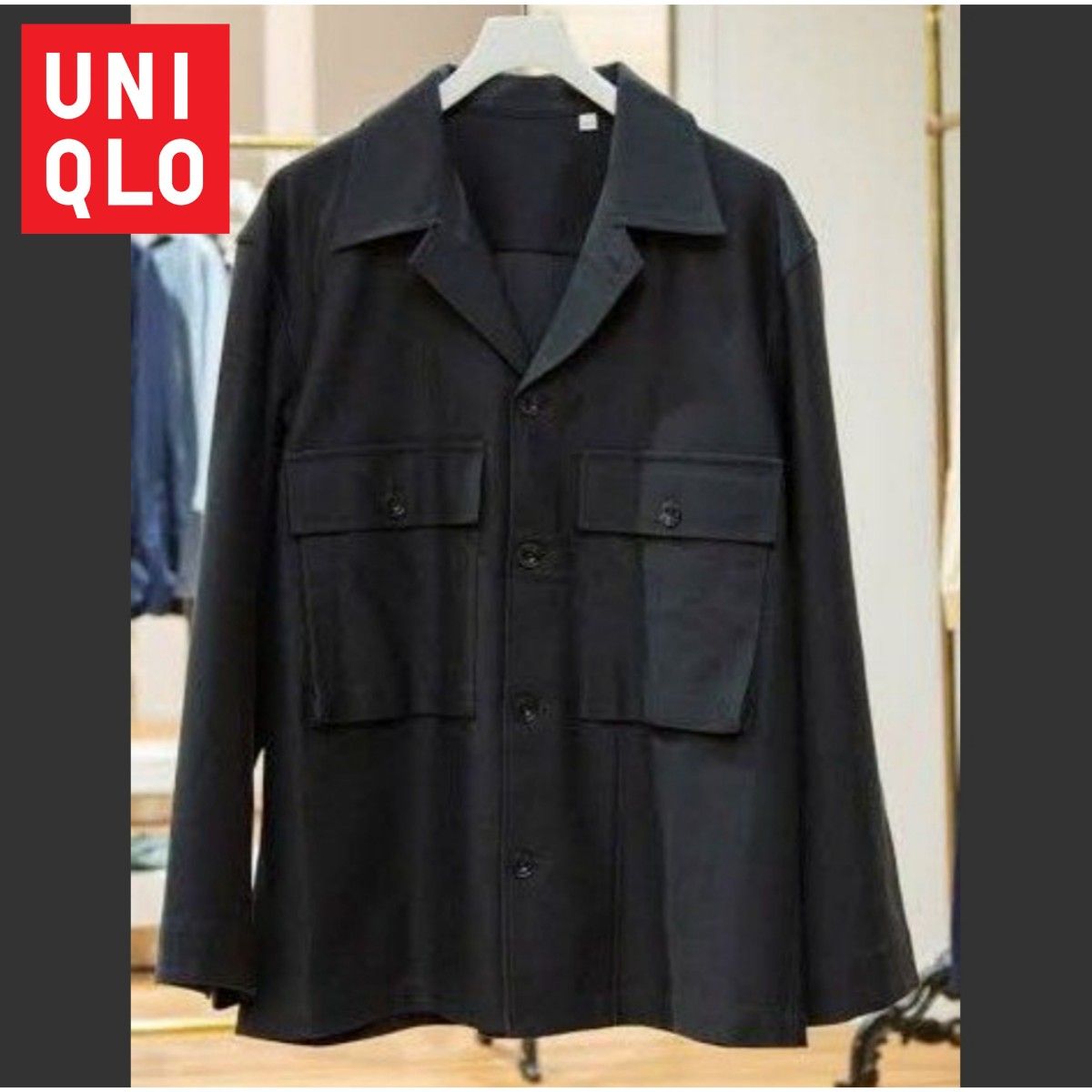 UNIQLO オーバーサイズ コットンジャケット ダブルフラップポケット ジャージーシャツ ジャケット ブラック