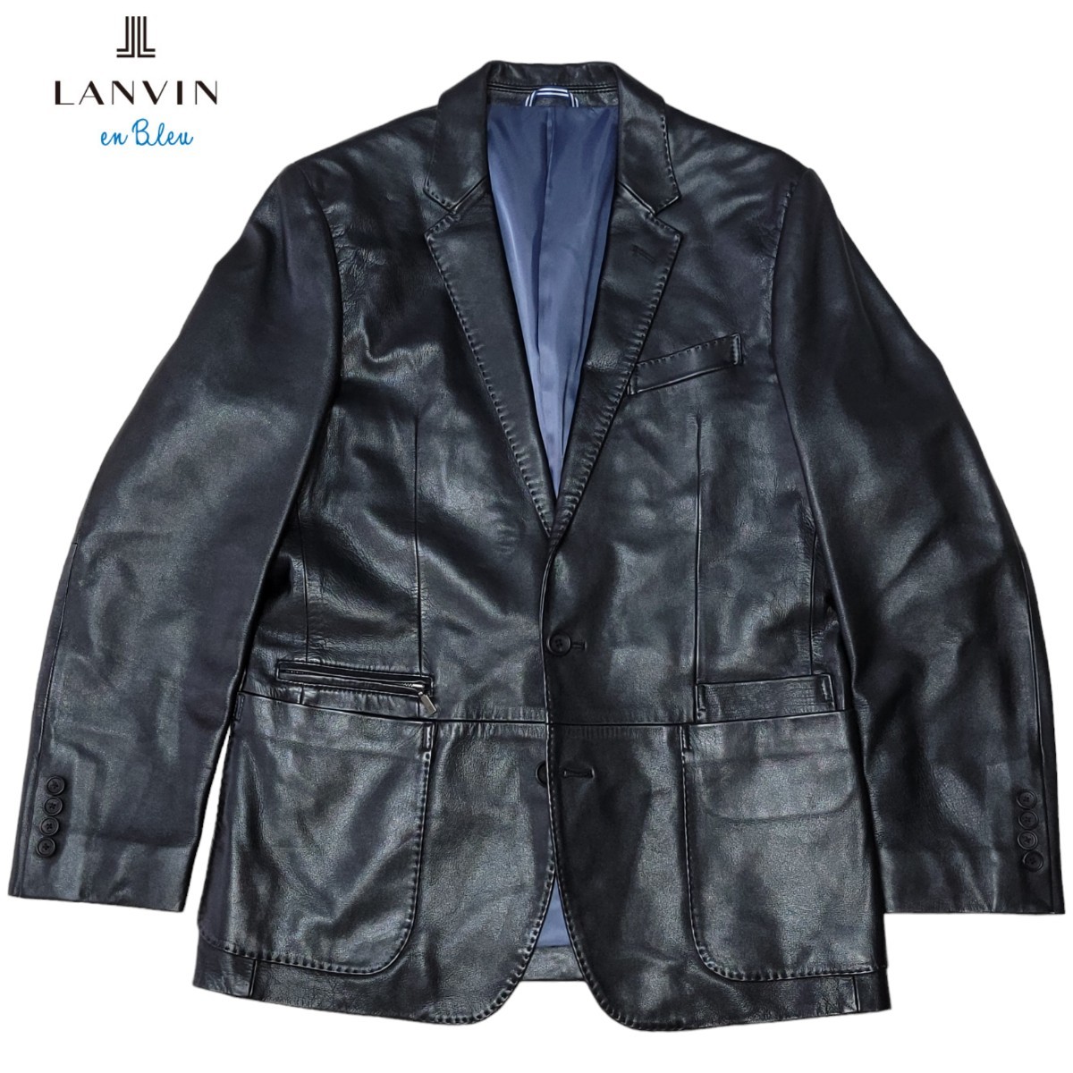 【未使用】日本製 ランバンオンブルー LANVIN en Bleu 羊革 レザージャケット 黒 ラムレザージャケット48 テーラードジャケット L