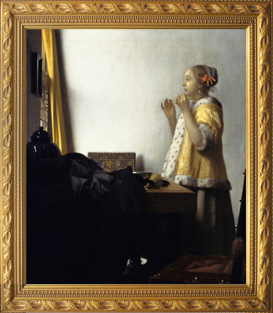 フェルメール『真珠の首飾りの女』 1665年 51x42cm 複製 高品質◆ ダヴィンチ バロック レンブラント 絵画 美術 油彩画の画像1