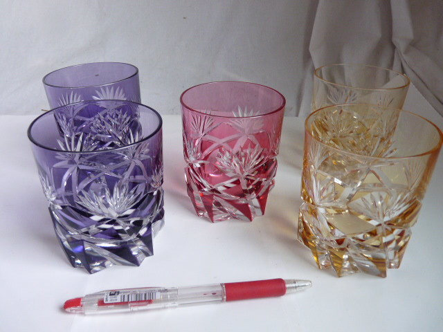 KAGAMI CRYSTAL カガミクリスタル 色被せグラス 切子グラス 5客◆ロックグラス クリスタルガラス カットガラス