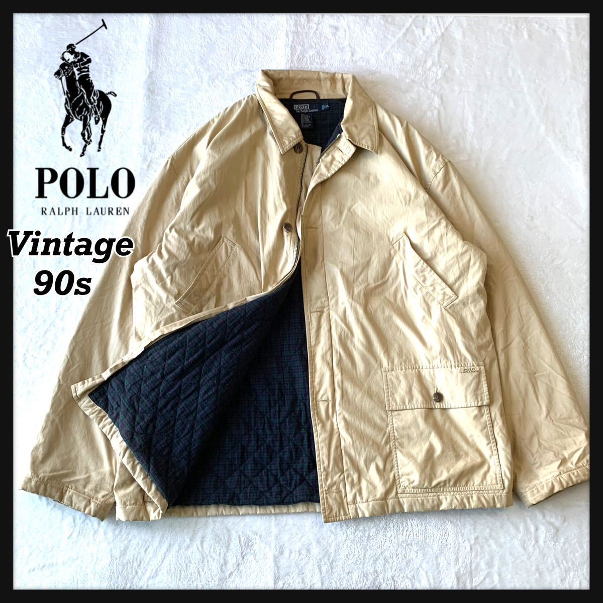 【希少】90s Polo Ralph Lauren OUTERWEAR ポロ ラルフローレン カバーオール ハンディングジャケット 中綿 チェック裏地 ロゴ刺繍 XXL_画像2