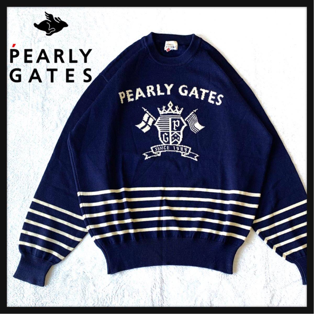 【人気】PEARLY GATES パーリーゲイツ ウール ニット セーター クルーネック ビッグロゴ エンブレム ゴルフウェア