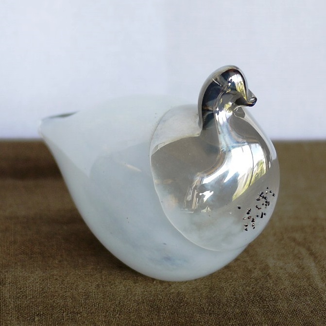 北欧ヴィンテージ 銀白ガラスバード Jussis Glas メタリック光沢 フィンランド ガラスの鳥 小鳥オブジェ インテリア硝子置物アートガラス