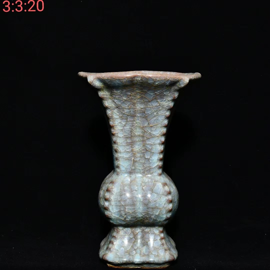 宋・古陶磁器・官窯・冰裂紋・花觚』極細工・骨董品・古賞物・中国古玩