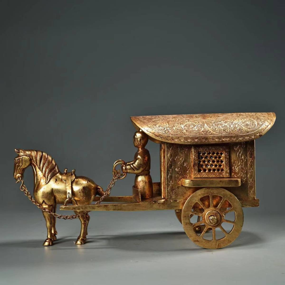 『唐・古銅彫・塗金・細工馬拉車・置物』極細工・骨董品・古賞物・中国古玩・中国古美術