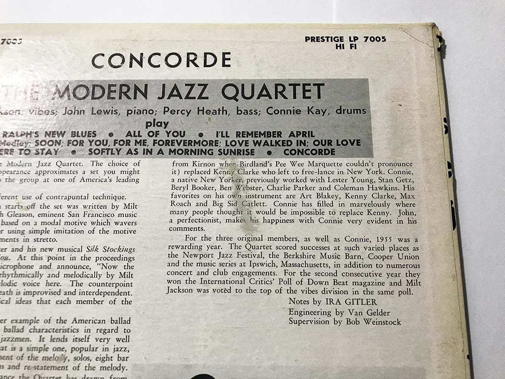 US ORIG LP■Modern Jazz Quartet■Concordo■Prestige NYCラベル アメリカ盤 オリジナル モノラル【【試聴できます】_画像9