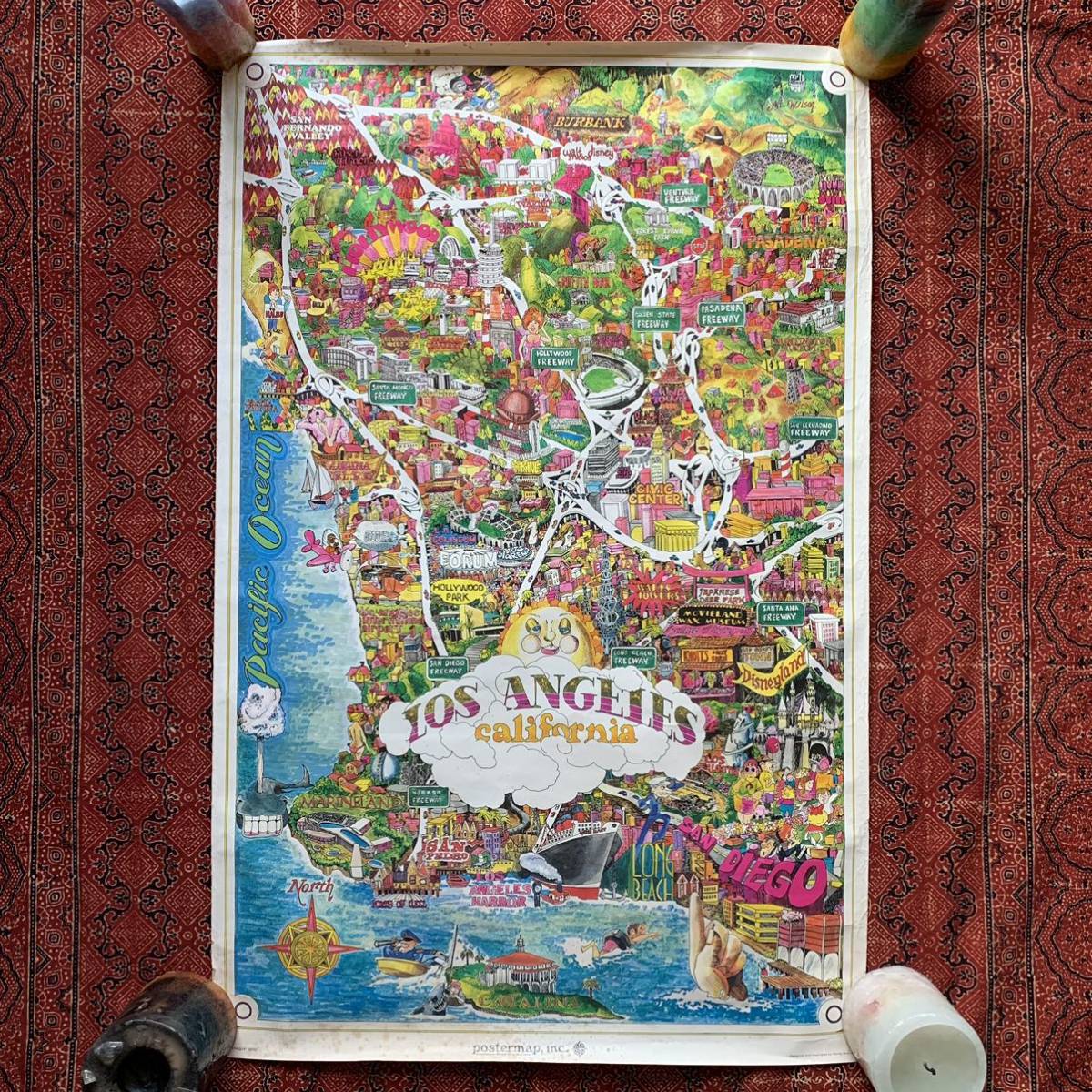 激レア 1970年製 ヴィンテージ カリフォルニア ロサンゼルス 地図 ビンテージ ポスター 70s VINTAGE LOS ANGELES POSTER MAP RANDY AKERS_画像2