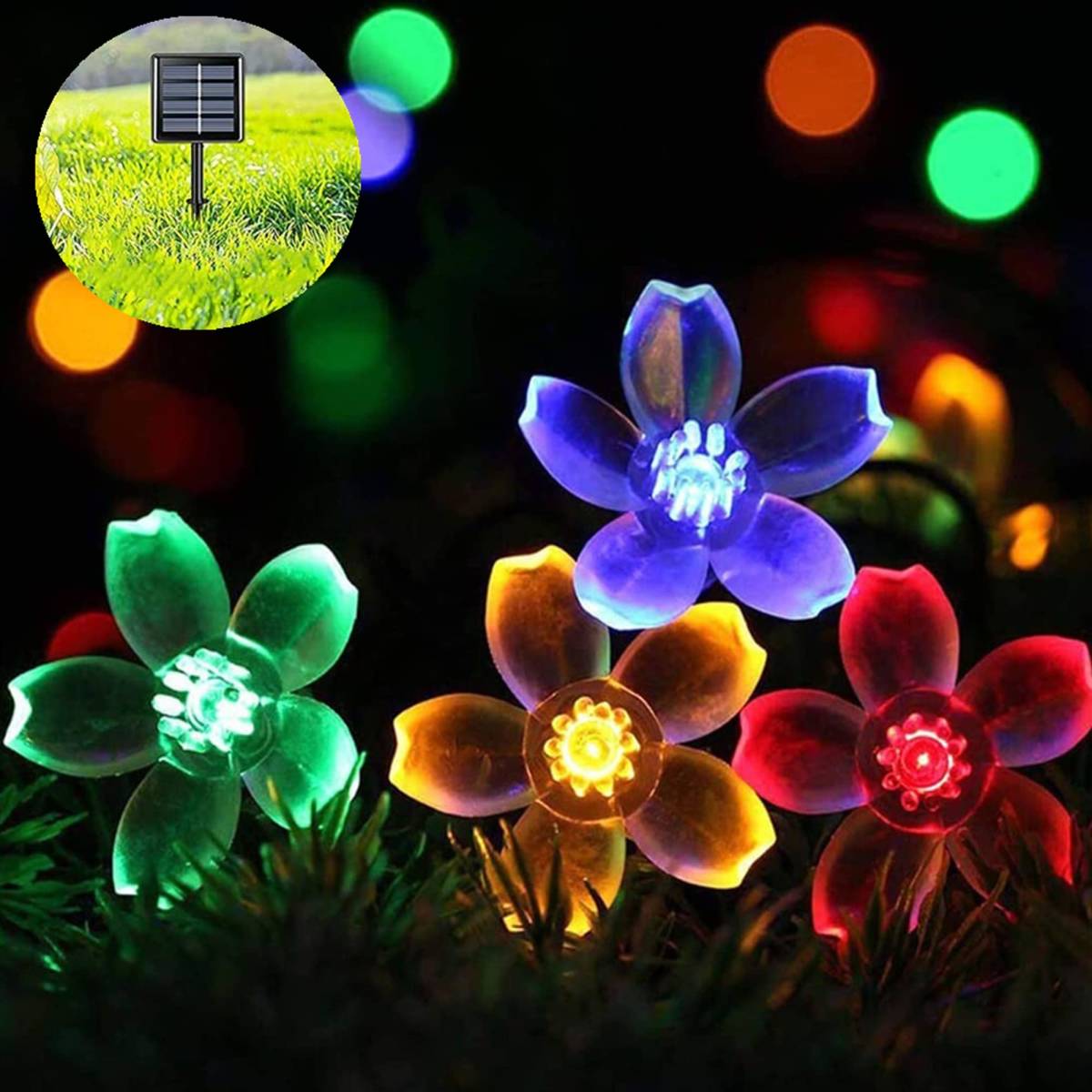 【レインボー】ソーラー LED 桜花ガーデンライト 50LED 6.5M イルミネーション ソーラーライト 屋外 庭 桜の花 夜間自動点灯_画像7