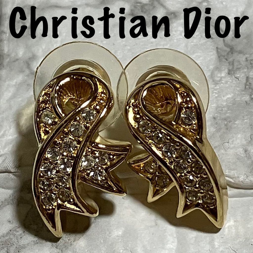 【m】Christian Dior ディオール リボン ラインストーン ゴールドカラー ピアス