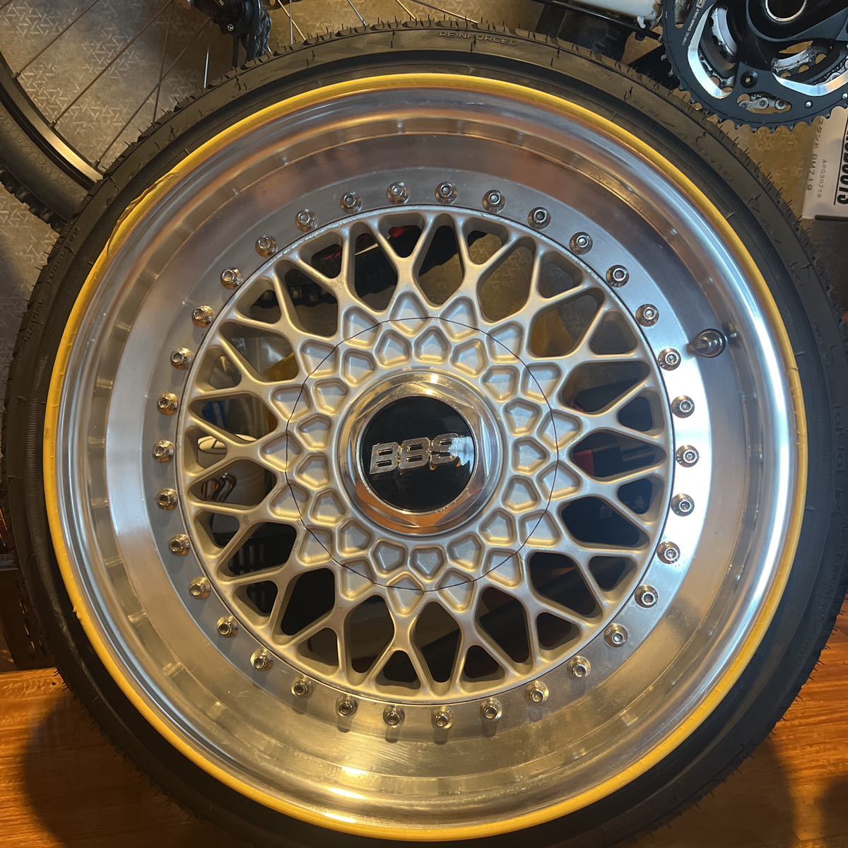 BBS RS RS039 リバレル品 16インチ 7.5J+18 1.5Jリム 4穴マルチ100 114.3 タイヤ付き NANKANG NS20 165/45R16 パウダーコート深リム当時物 _画像3