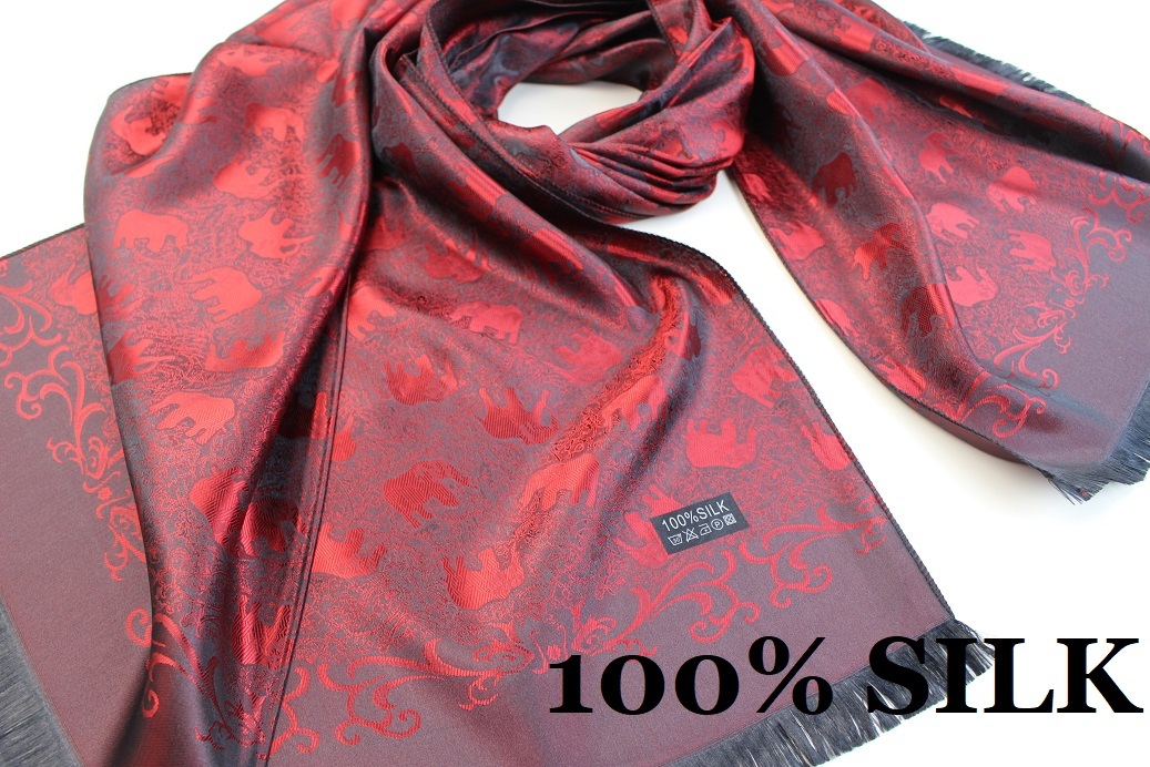 新品【SILK シルク100%】エレファント 象 ペイズリー柄 大判 ストール/スカーフ レッド系 ブラック_画像1