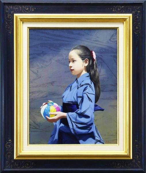 真作】【WISH】清水悦男「薫風」油彩 6号 ◇純真な瞳の少女名品 〇
