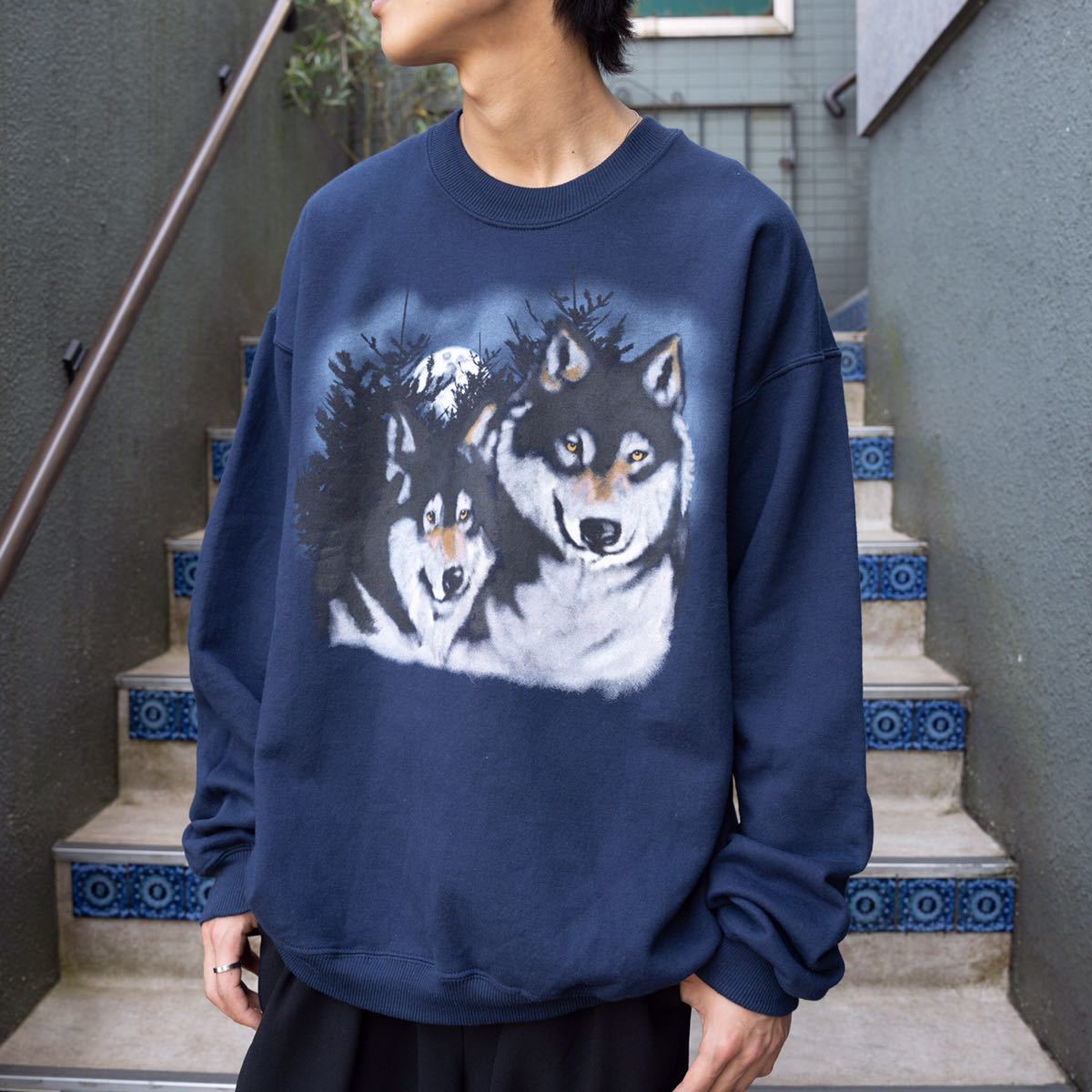 USA VINTAGE COVINGTON WOLF PRINT DESIGN SWEAT SHIRT/アメリカ古着オオカミプリントデザインスウェット