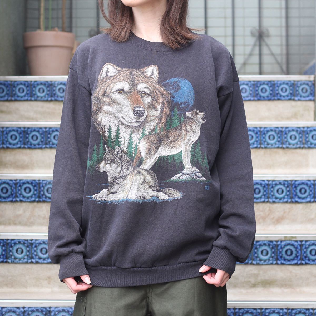 USA VINTAGE WOLF PRINT DESIGN SWEAT SHIRT/アメリカ古着オオカミ