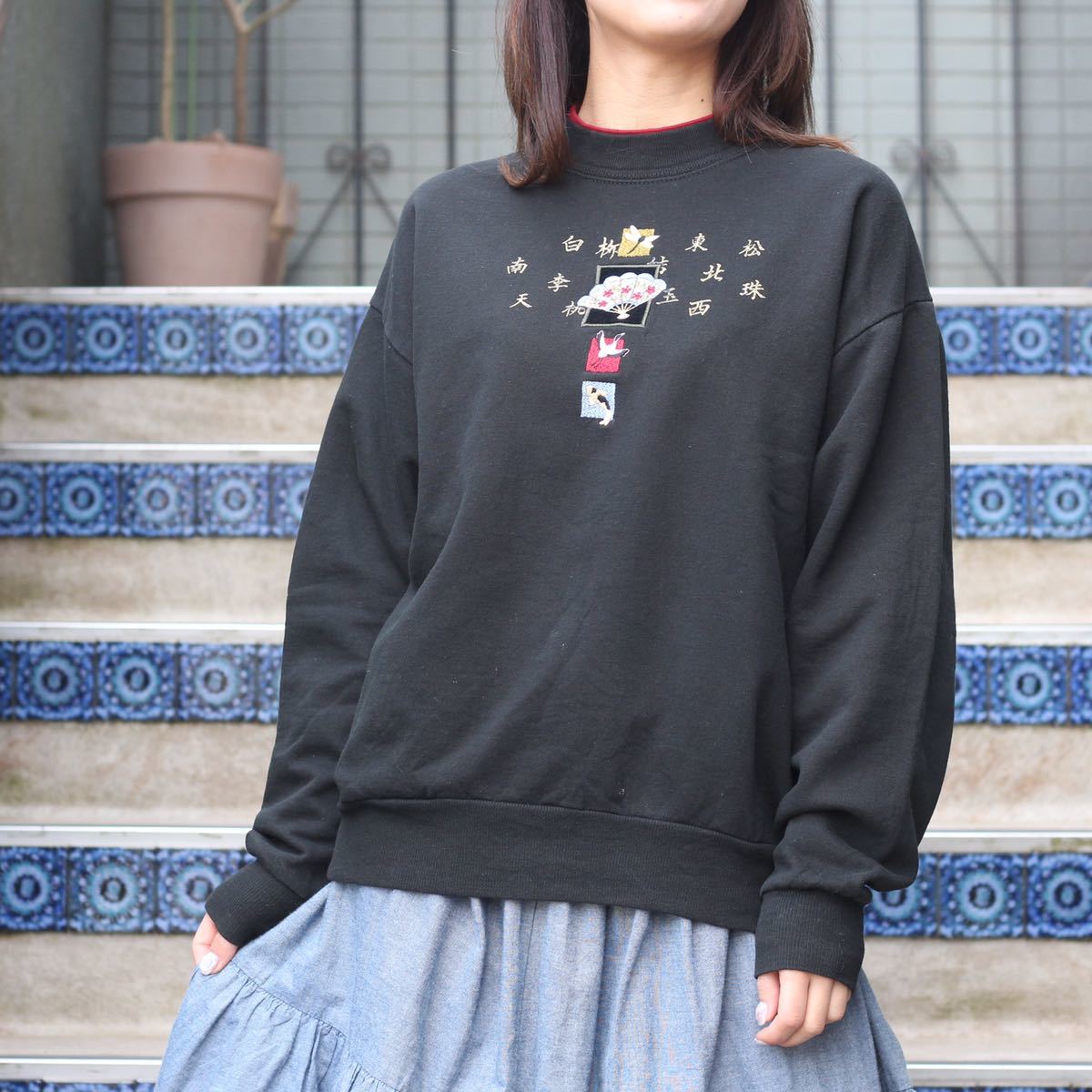 USA VINTAGE TOP STITCH EMBROIDERY DESIGN SWEAT SHIRT/アメリカ古着刺繍デザインスウェット