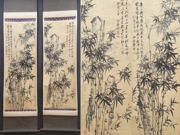 【瓏】「鄭板橋作 墨竹図二條屏」清代画家 肉筆紙本 真作 掛け軸 書画立軸 巻き物 中国書画 蔵出_画像1