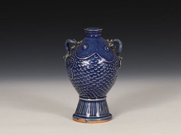 【瓏】陶磁器 霽藍釉魚瓶 元代 染付 置物擺件 古賞物 中国古美術 蔵出