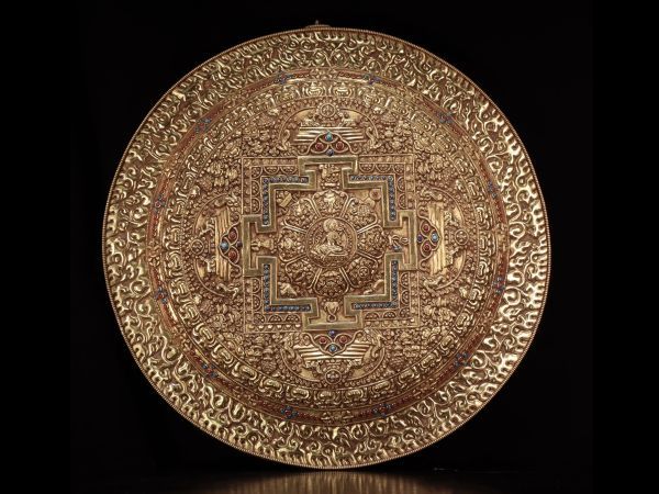 【瓏】古銅鏨刻彫 塗金唐カード 清時代 古置物擺件 銅器 中国古賞物 蔵出