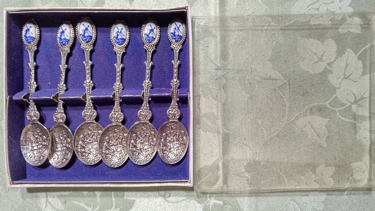 ヴィンテージ 1970年代 オランダ DEMET製 持ち手デルフト焼 スプーン（12㎝）Demet Delft blue silver plated spoon 6本セット ケース入り