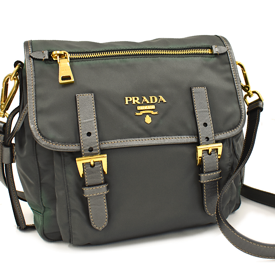 プラダ クロスボディ ショルダーバッグ BT0692 ナイロン レザー グレー カーキ メタルロゴ PRADA 1点限定