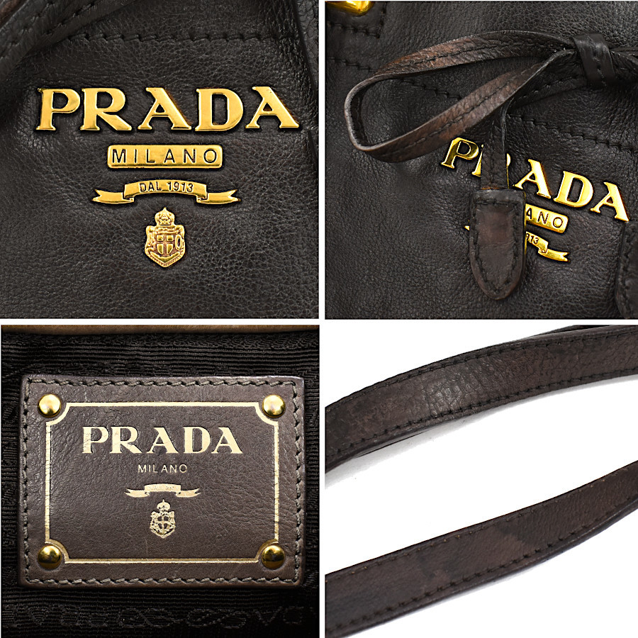 プラダ 2way トート ハンドバッグ レザー ダークブラウン メタルロゴ PRADA 1点限定_画像9