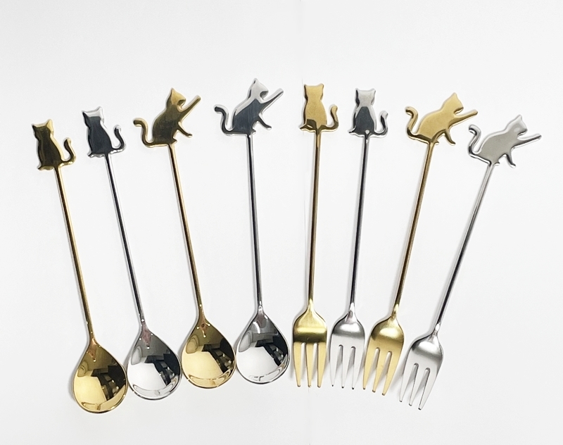 * new goods cat cutlery hand maneki-neko spoon Fork silver Gold made of stainless steel 8 pcs set tea spoon desert Fork pretty 