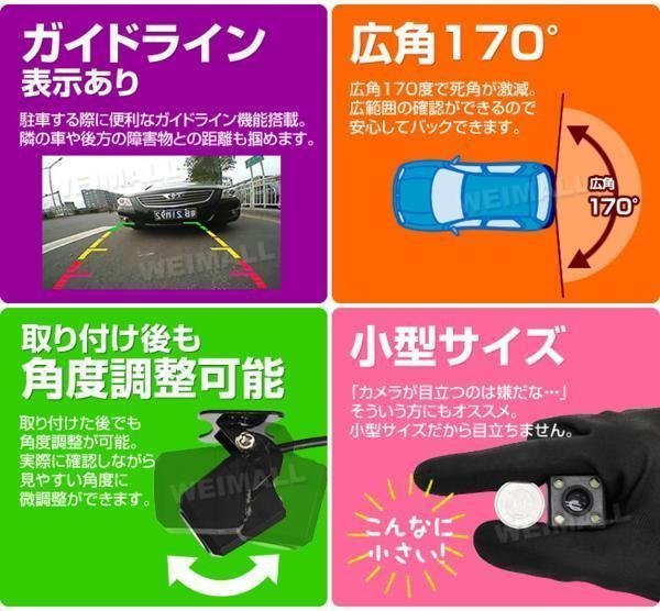 未使用 バックカメラ リアカメラ フロントカメラ 車載カメラ CMOS LED 高解像度 小型カメラ 広角170度 防水 防塵 正像 鏡像 ガイドライン_画像5