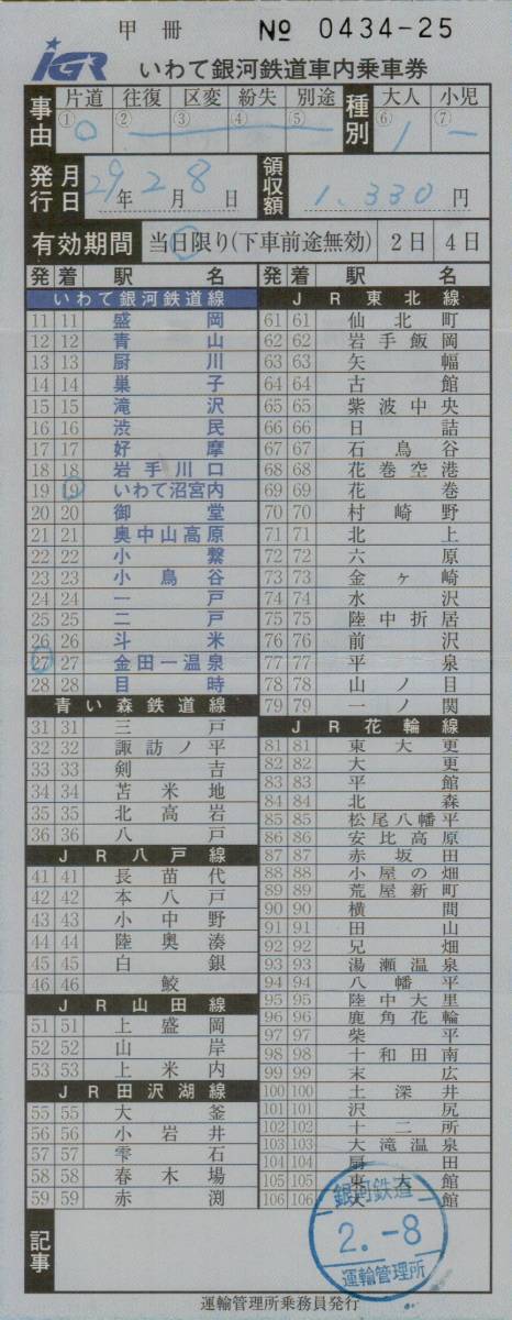 ▽▲ いわて銀河鉄道　【 車内乗車券 】 Ｈ２９年２月８日　運転管理所乗務員 発行 　　 車内補充券_画像1