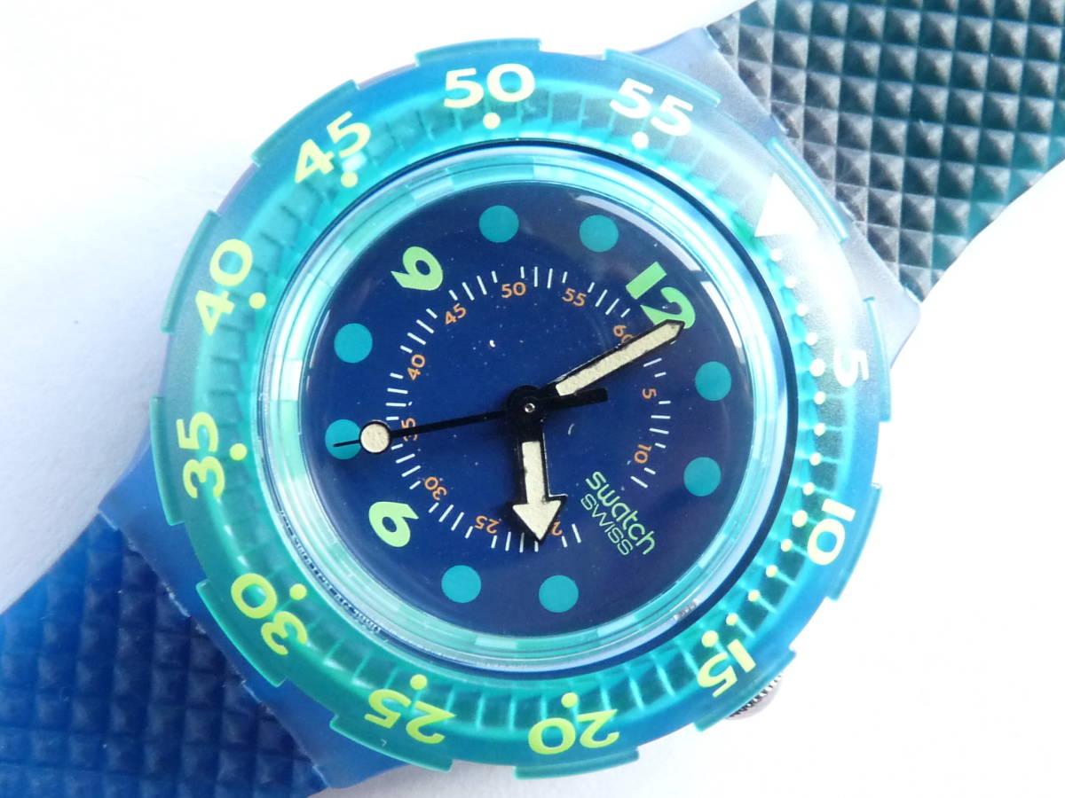  unused battery replaced beautiful goods Swatch Swatch the first period 1991 year of model scuba blue moon BLUE MOON product number SDN100 belt. top and bottom . color difference equipped 